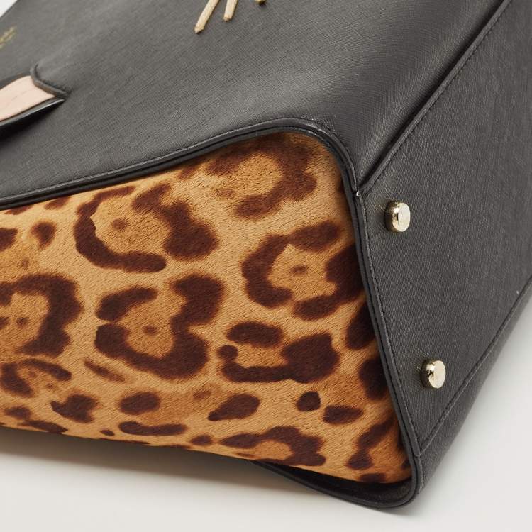 Pre Owned Kate Spade Black/Beige Leopard Calfhair and Leather Run Wild Hayden Tote