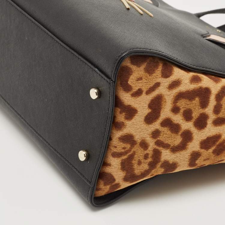 Pre Owned Kate Spade Black/Beige Leopard Calfhair and Leather Run Wild Hayden Tote