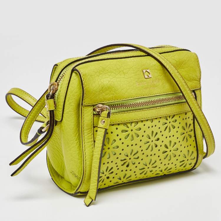 Pre Owned Kate Spade Green Leather Floral Lasercut Crossbody Bag 