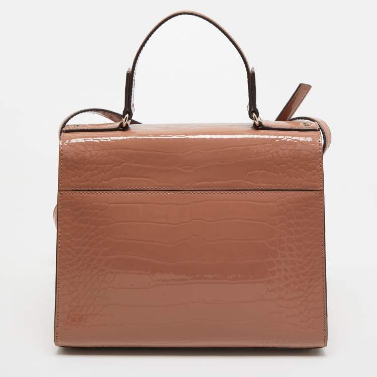 Pre Owned Kate Spade Light Pink Croc Embossed Patent Leather Knightsbridge Doris Top Handle Bag
