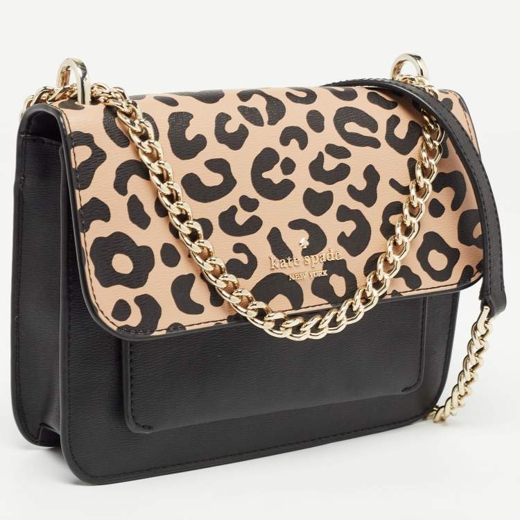 Pre Owned Kate Spade Black/Beige Leopard Print Leather Remi Flap Chain Crossbody Bag