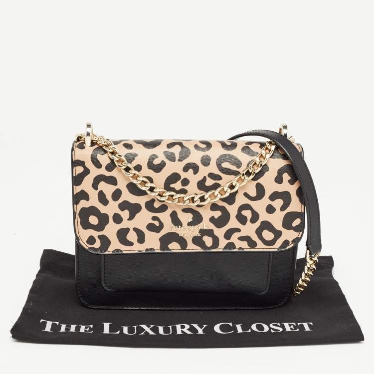Pre Owned Kate Spade Black/Beige Leopard Print Leather Remi Flap Chain Crossbody Bag