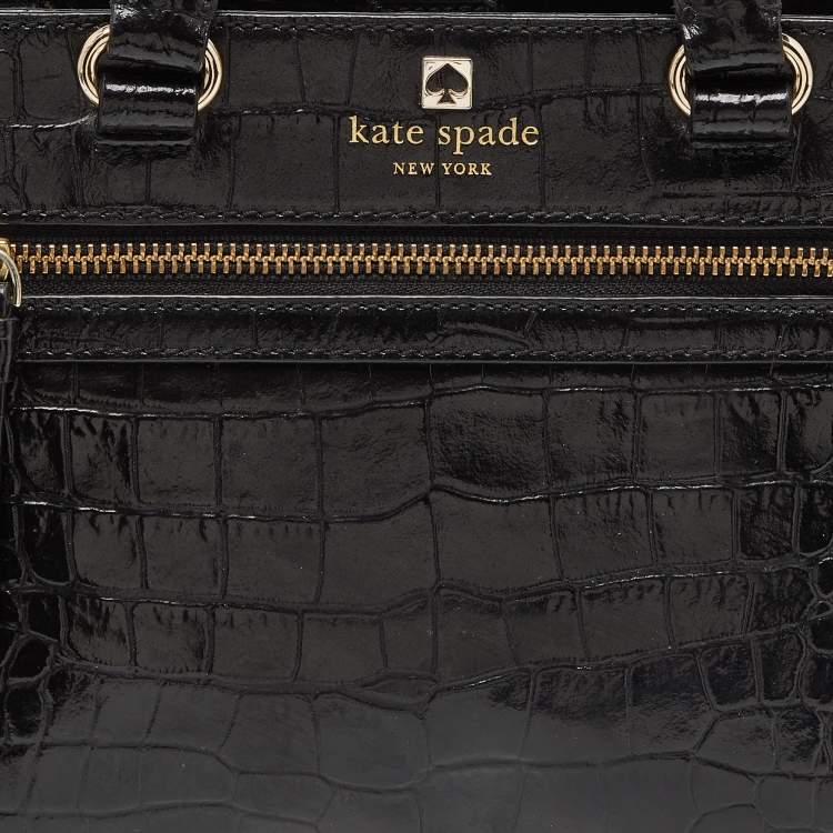 Pre Owned Kate Spade Black Croc Embossed Leather Tote