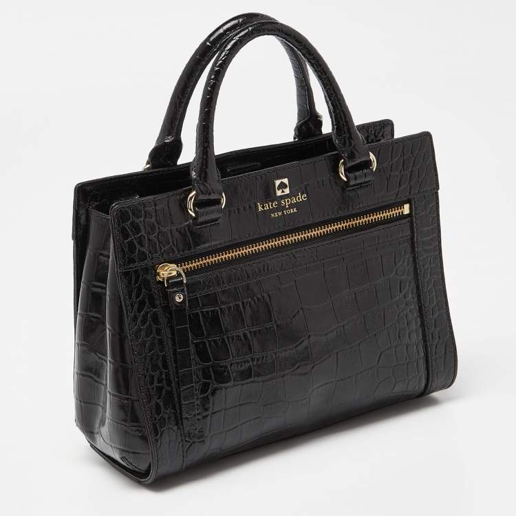 Pre Owned Kate Spade Black Croc Embossed Leather Tote