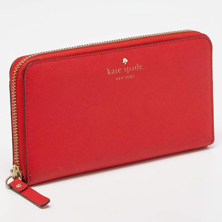 Pre Owned Kate Spade Red Leather Zip Around Continental Wallet