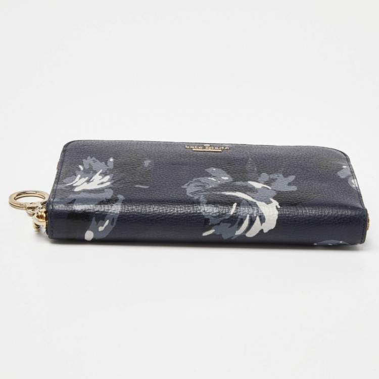 Pre Owned Kate Spade Blue FLoral Print Leather Zip Around Wallet