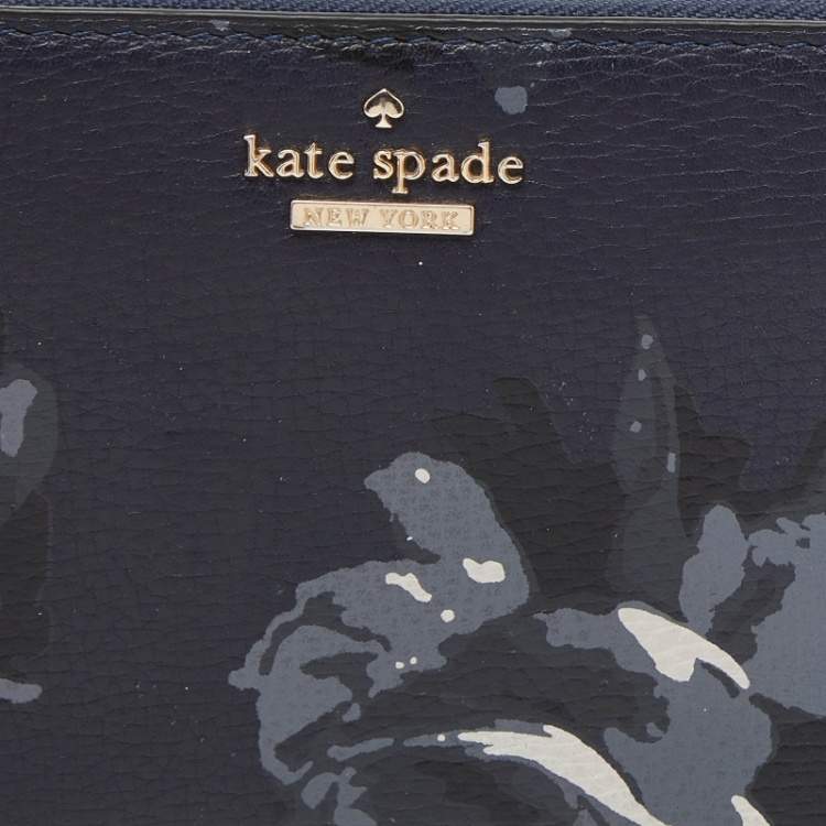 Pre Owned Kate Spade Blue FLoral Print Leather Zip Around Wallet