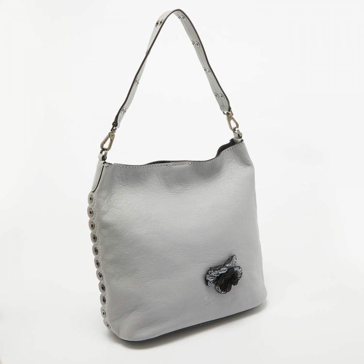 Pre Owned Kate Spade Grey Floral Applique Leather Atlantic Avenue Libby Bucket Bag