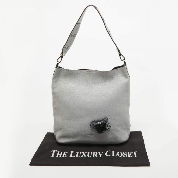 Pre Owned Kate Spade Grey Floral Applique Leather Atlantic Avenue Libby Bucket Bag