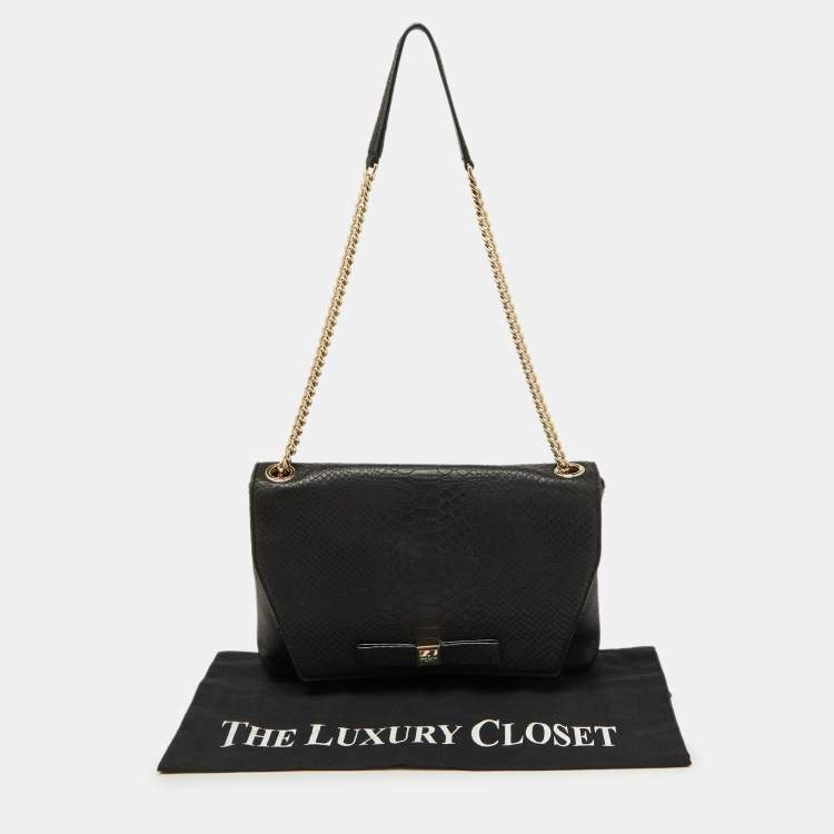 Pre Owned Kate Spade Black Snakeskin Embossed Leather Flap Shoulder Bag