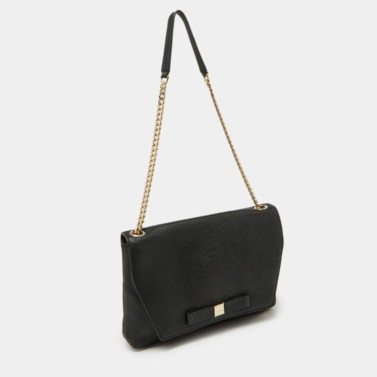 Pre Owned Kate Spade Black Snakeskin Embossed Leather Flap Shoulder Bag