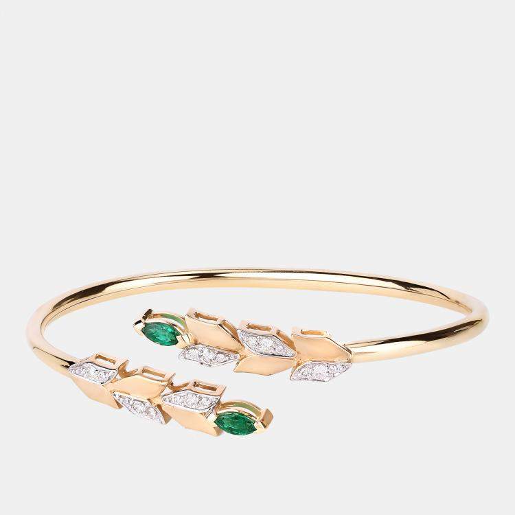 Pre Owned 0.50 cts Emerald and Diamond 14K Yellow Gold Bypass Bangle