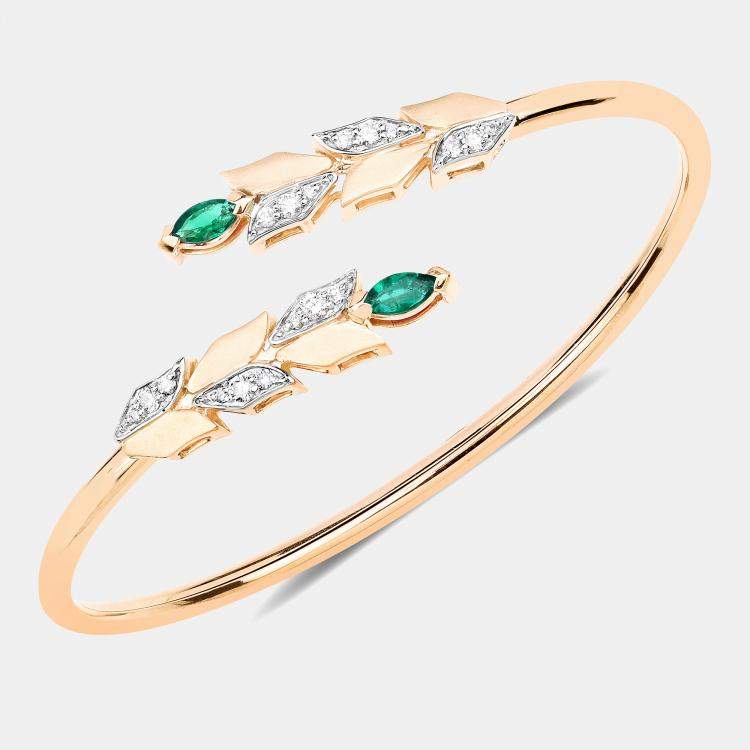 Pre Owned 0.50 cts Emerald and Diamond 14K Yellow Gold Bypass Bangle