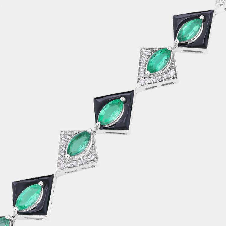 Pre Owned 3.37 cts Emerald and Diamond 14K White Gold Tennis Bracelet