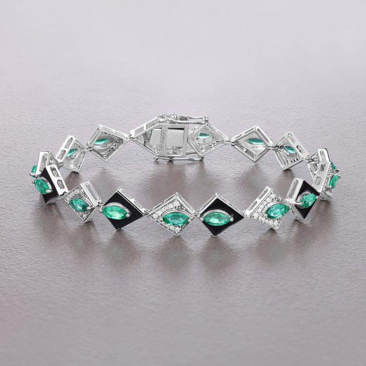 Pre Owned 3.37 cts Emerald and Diamond 14K White Gold Tennis Bracelet