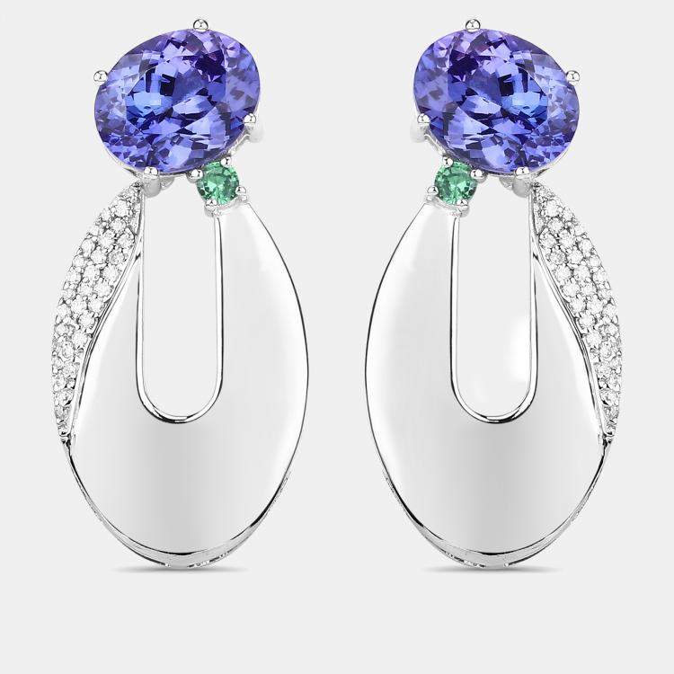 Pre Owned 5.87 cts Multi Stone and Diamond 14K White Gold Drop Earrings