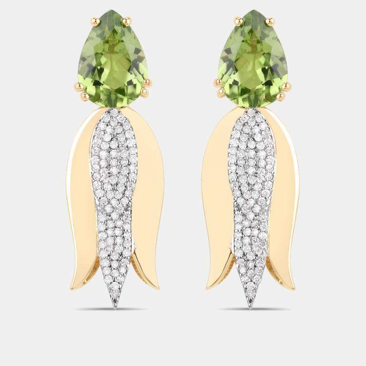 Pre Owned 4.02 cts Peridot and Diamond 14K Yellow Gold Tulip Drop Earrings