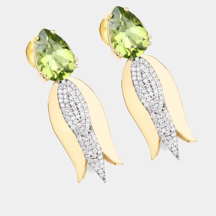 Pre Owned 4.02 cts Peridot and Diamond 14K Yellow Gold Tulip Drop Earrings