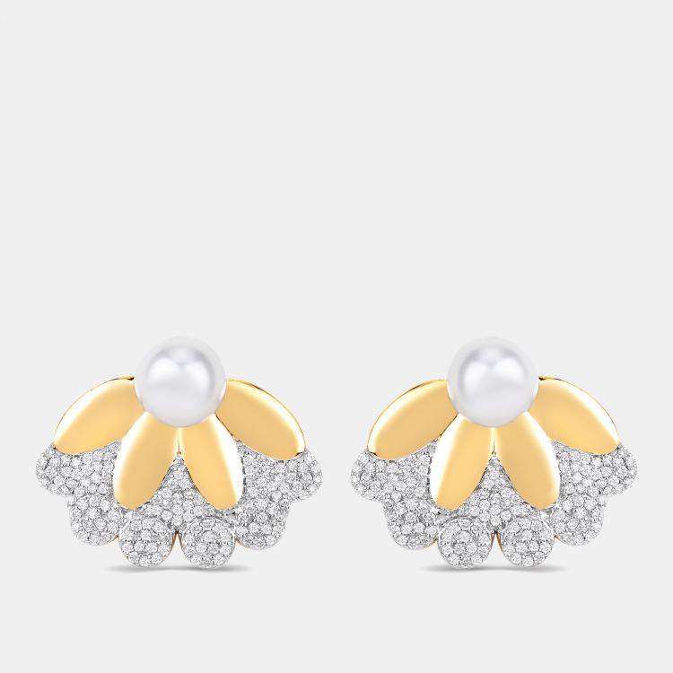 Pre Owned 4.00 cts Pearl and Diamond 14K Yellow Gold Petal Bloom Studs