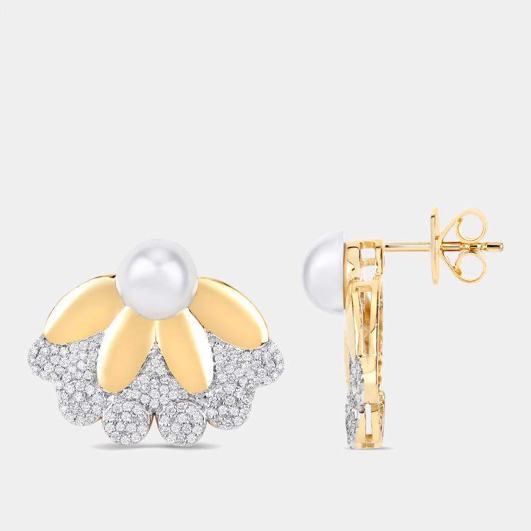 Pre Owned 4.00 cts Pearl and Diamond 14K Yellow Gold Petal Bloom Studs