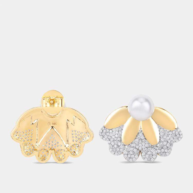 Pre Owned 4.00 cts Pearl and Diamond 14K Yellow Gold Petal Bloom Studs