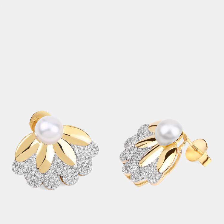 Pre Owned 4.00 cts Pearl and Diamond 14K Yellow Gold Petal Bloom Studs