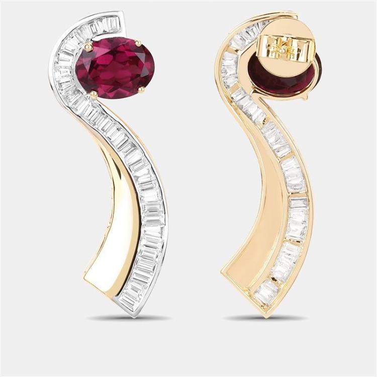 Pre Owned 4.60 cts Rhodolite Garnet and Diamond 14K Yellow Gold Jacket Earrings