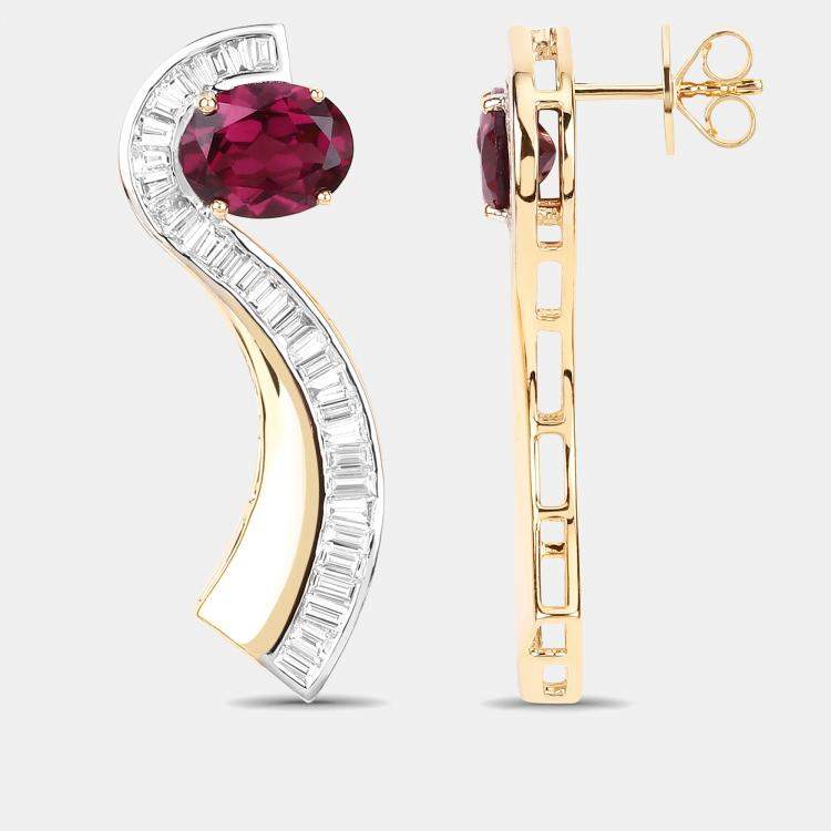 Pre Owned 4.60 cts Rhodolite Garnet and Diamond 14K Yellow Gold Jacket Earrings