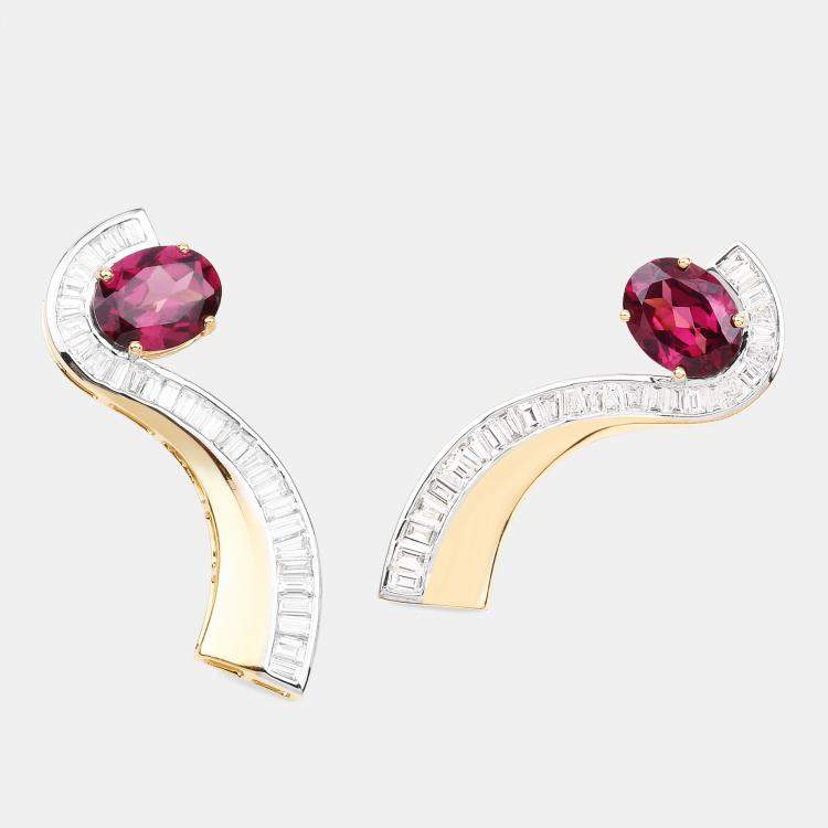 Pre Owned 4.60 cts Rhodolite Garnet and Diamond 14K Yellow Gold Jacket Earrings