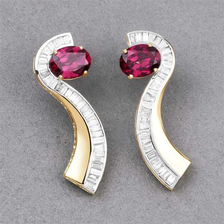 Pre Owned 4.60 cts Rhodolite Garnet and Diamond 14K Yellow Gold Jacket Earrings