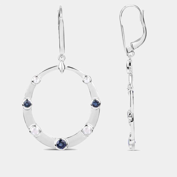 Pre Owned 1.67 cts Blue Sapphire and Diamond 14K White Gold Dangle Earrings