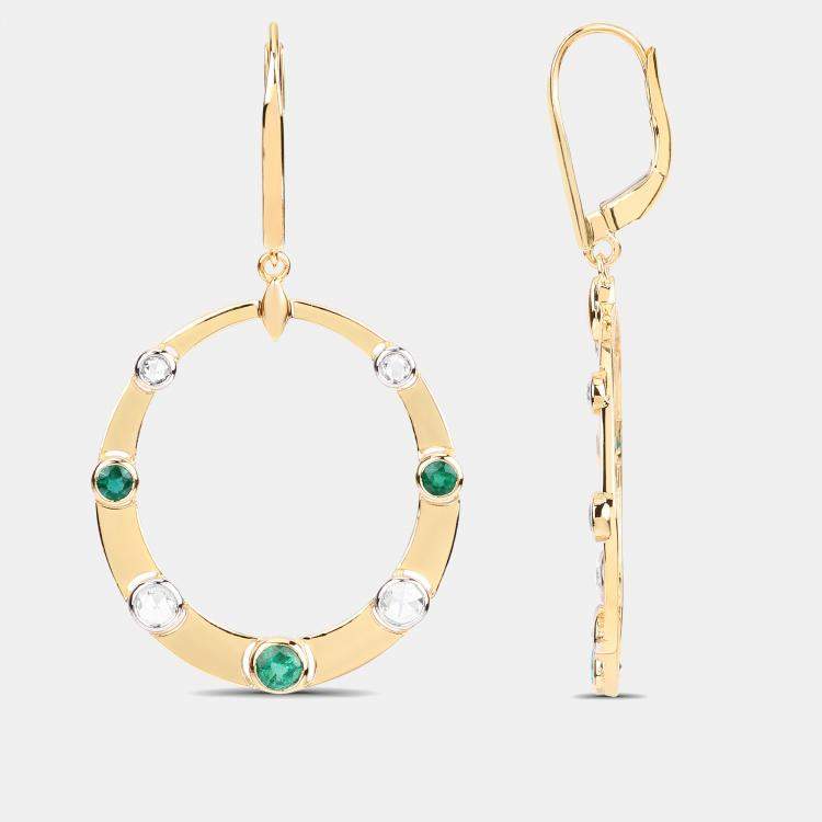 Pre Owned 0.96 cts Emerald and Diamond 14K Yellow Gold Dangle Earrings