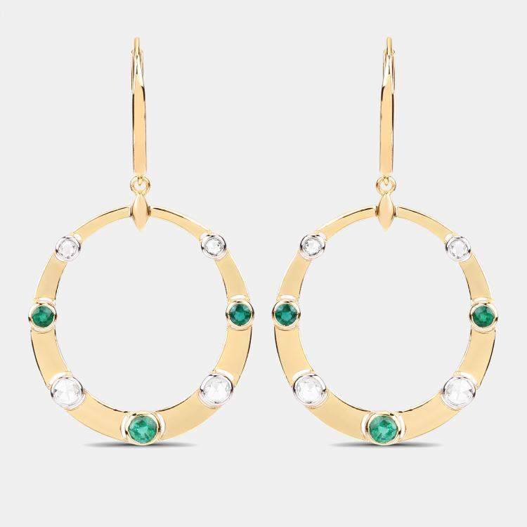 Pre Owned 0.96 cts Emerald and Diamond 14K Yellow Gold Dangle Earrings