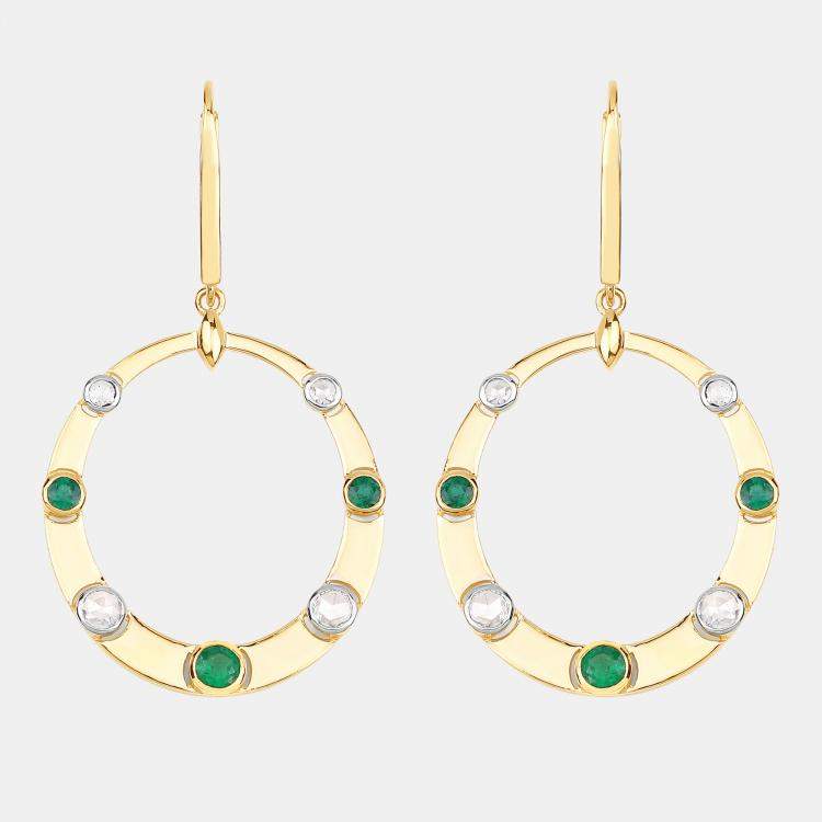 Pre Owned 0.96 cts Emerald and Diamond 14K Yellow Gold Dangle Earrings