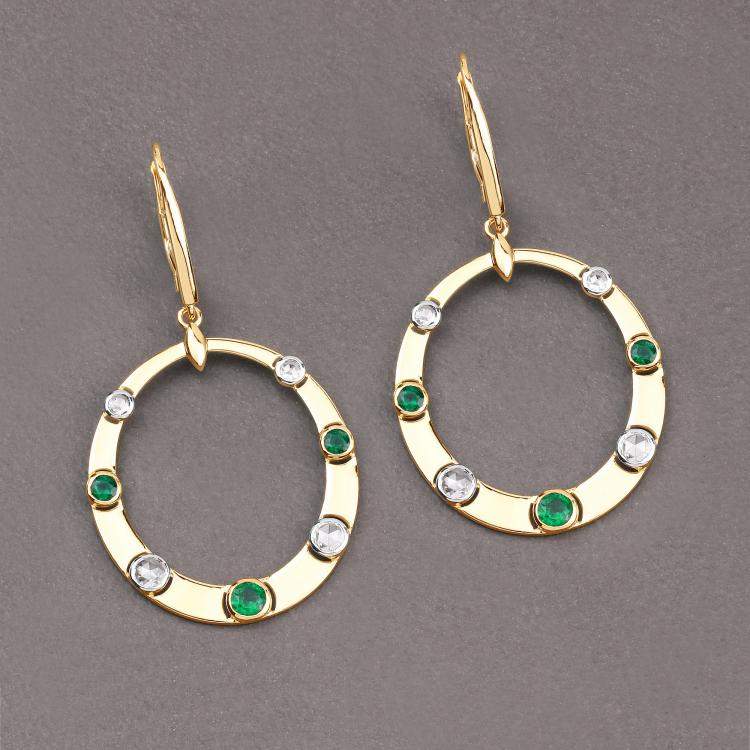 Pre Owned 0.96 cts Emerald and Diamond 14K Yellow Gold Dangle Earrings
