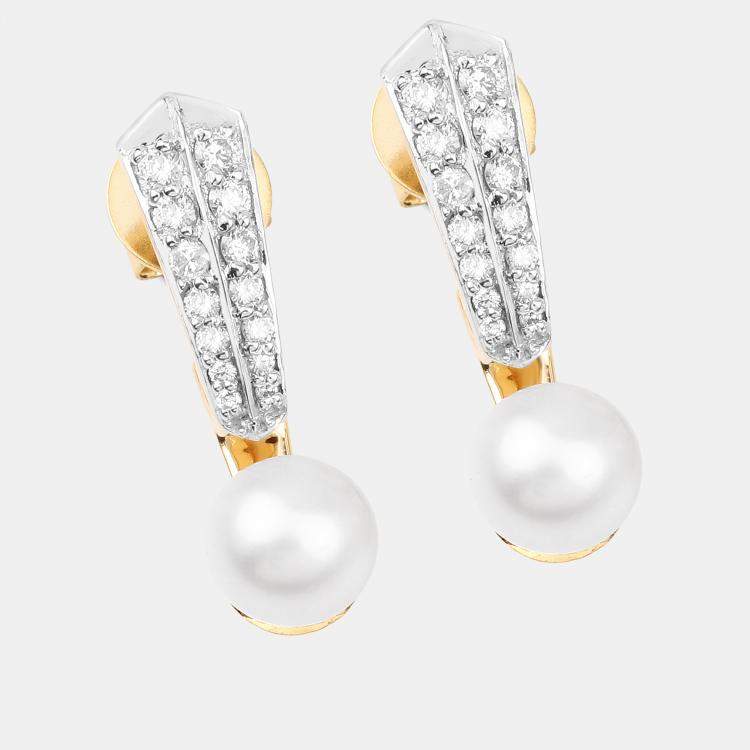 Pre Owned 5.50 cts Pearl and Diamond 14K Yellow Gold Dangle Earrings