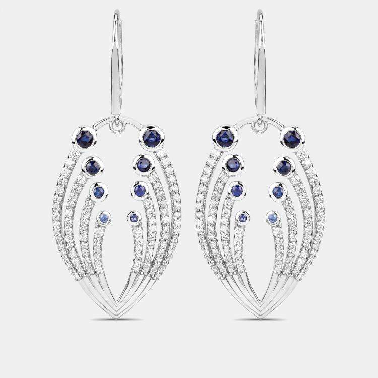 Pre Owned 1.12 cts Blue Sapphire and Diamond 14K White Gold Dangle Earrings