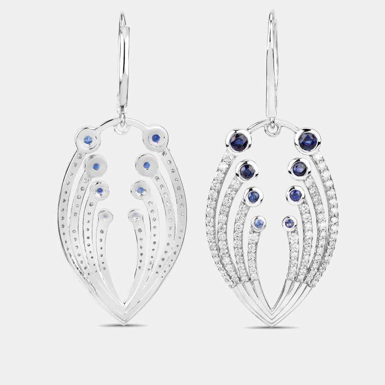 Pre Owned 1.12 cts Blue Sapphire and Diamond 14K White Gold Dangle Earrings