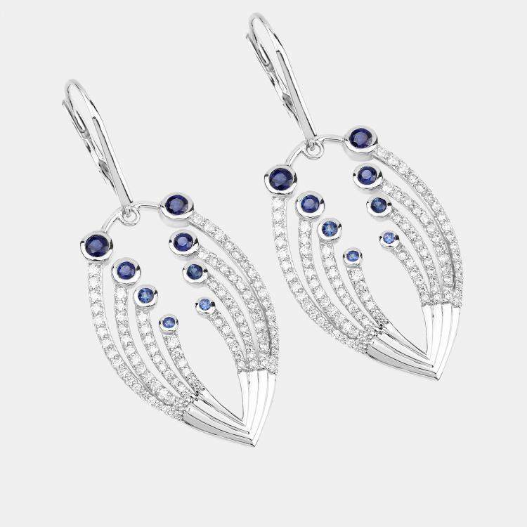 Pre Owned 1.12 cts Blue Sapphire and Diamond 14K White Gold Dangle Earrings