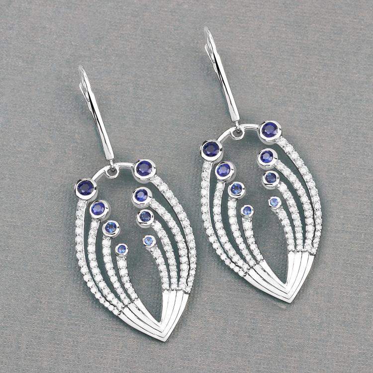 Pre Owned 1.12 cts Blue Sapphire and Diamond 14K White Gold Dangle Earrings