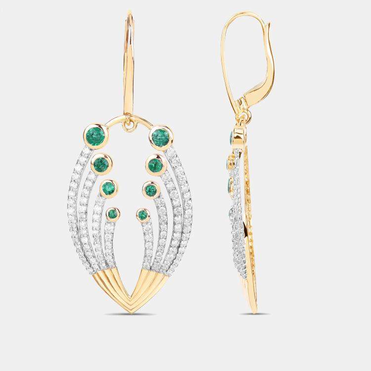 Pre Owned 0.85 cts Emerald and Diamond 14K Yellow Gold Dangle Earrings