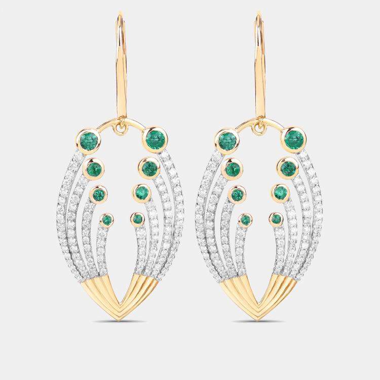 Pre Owned 0.85 cts Emerald and Diamond 14K Yellow Gold Dangle Earrings