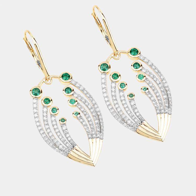 Pre Owned 0.85 cts Emerald and Diamond 14K Yellow Gold Dangle Earrings