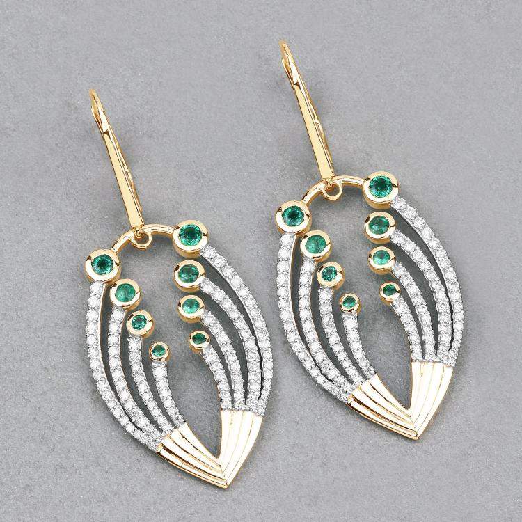 Pre Owned 0.85 cts Emerald and Diamond 14K Yellow Gold Dangle Earrings