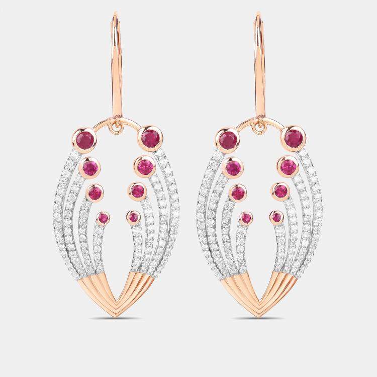 Pre Owned 1.45 cts Ruby and Diamond 14K Rose Gold Dangle Earrings
