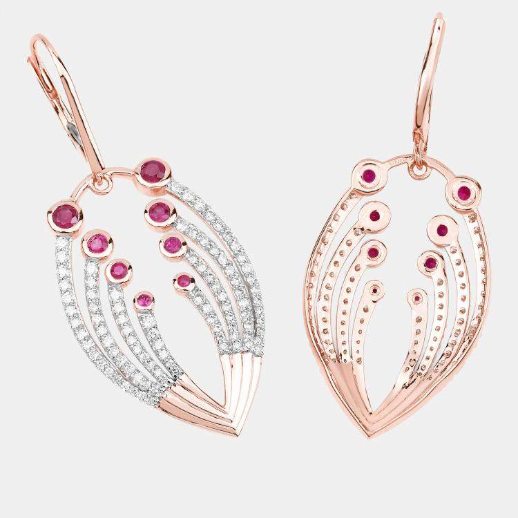 Pre Owned 1.45 cts Ruby and Diamond 14K Rose Gold Dangle Earrings