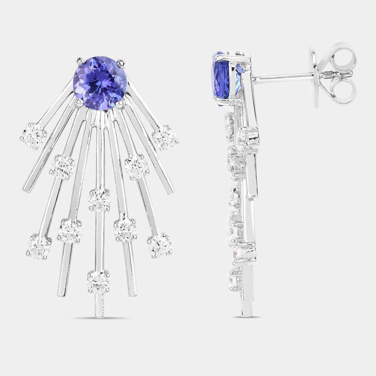 Pre Owned 1.94 cts Tanzanite and Diamond 14K White Gold Sunburst Earrings