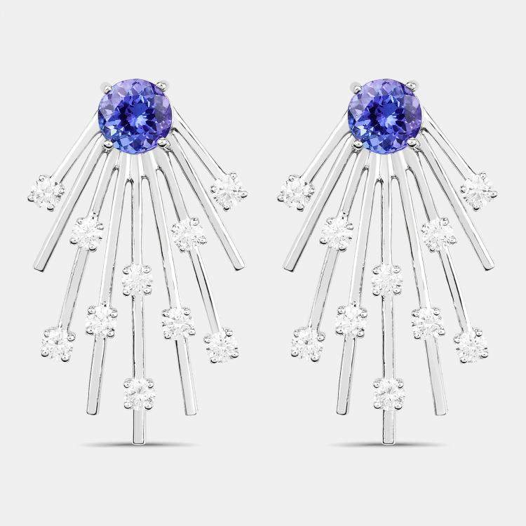 Pre Owned 1.94 cts Tanzanite and Diamond 14K White Gold Sunburst Earrings