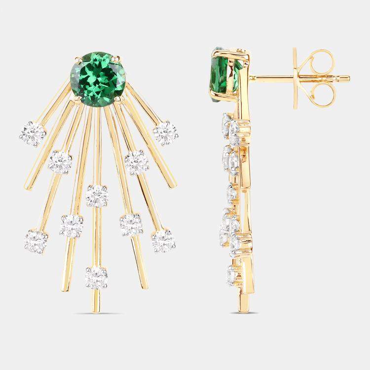 مملوكة مسبقًا 2.35 cts Tsavorite and Diamond 14K Yellow Gold Sunburst Earrings