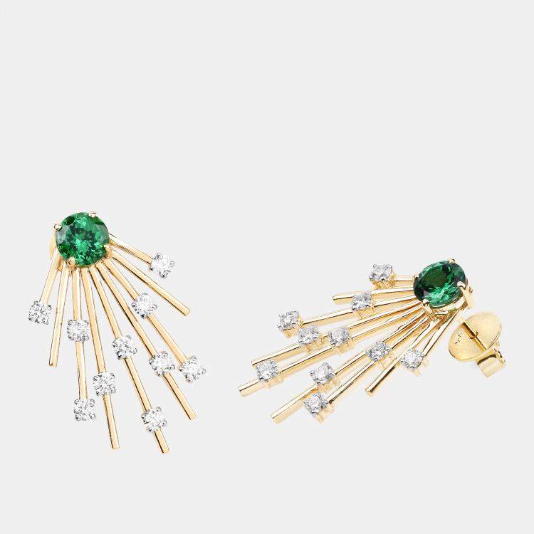 مملوكة مسبقًا 2.35 cts Tsavorite and Diamond 14K Yellow Gold Sunburst Earrings